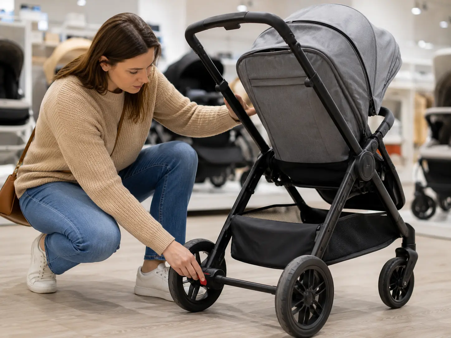 Parent testing stroller brake before purchase in store Parent testing stroller brake before purchase in store